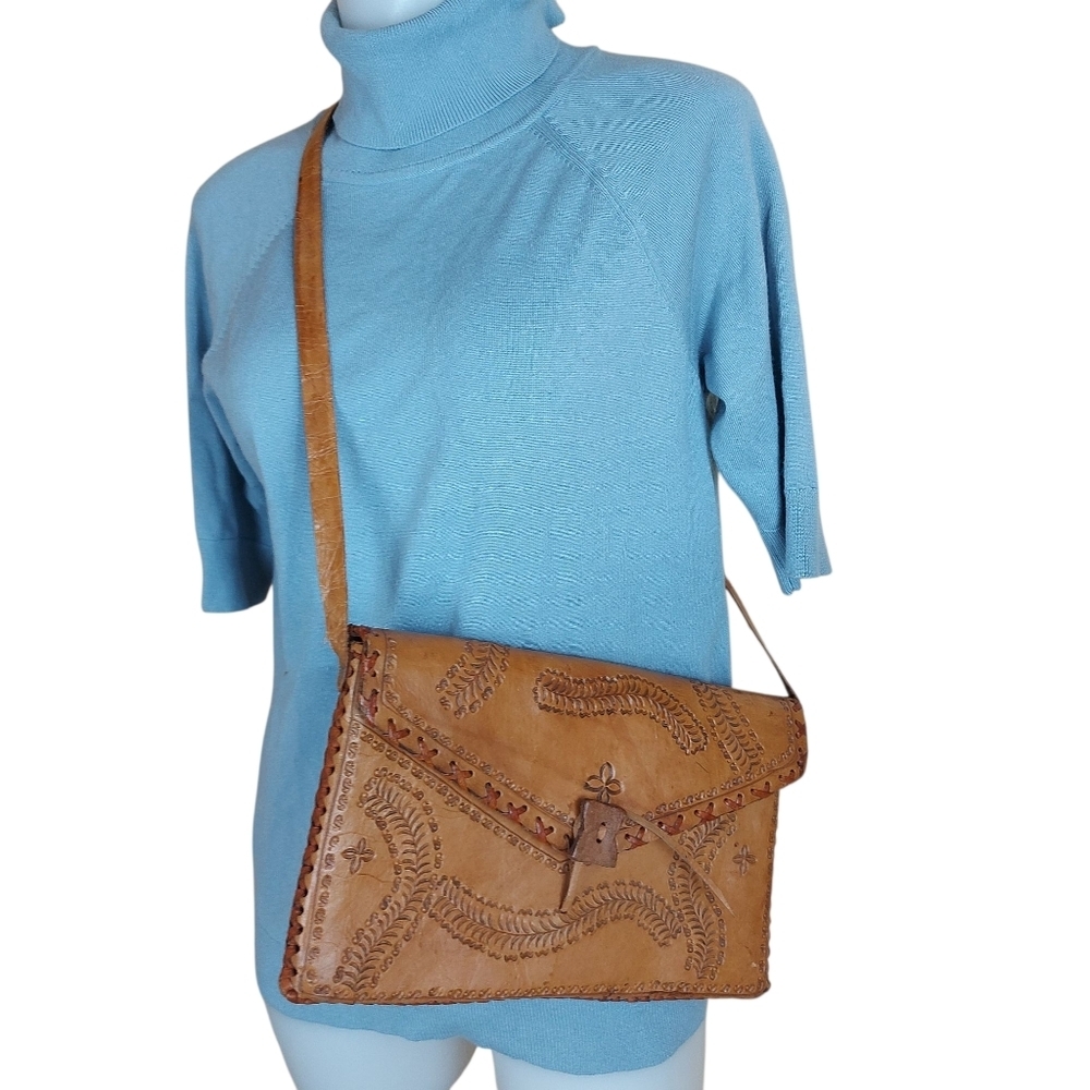 Vintage hand tooled leather tan bag hand crafted crossbody boho purse